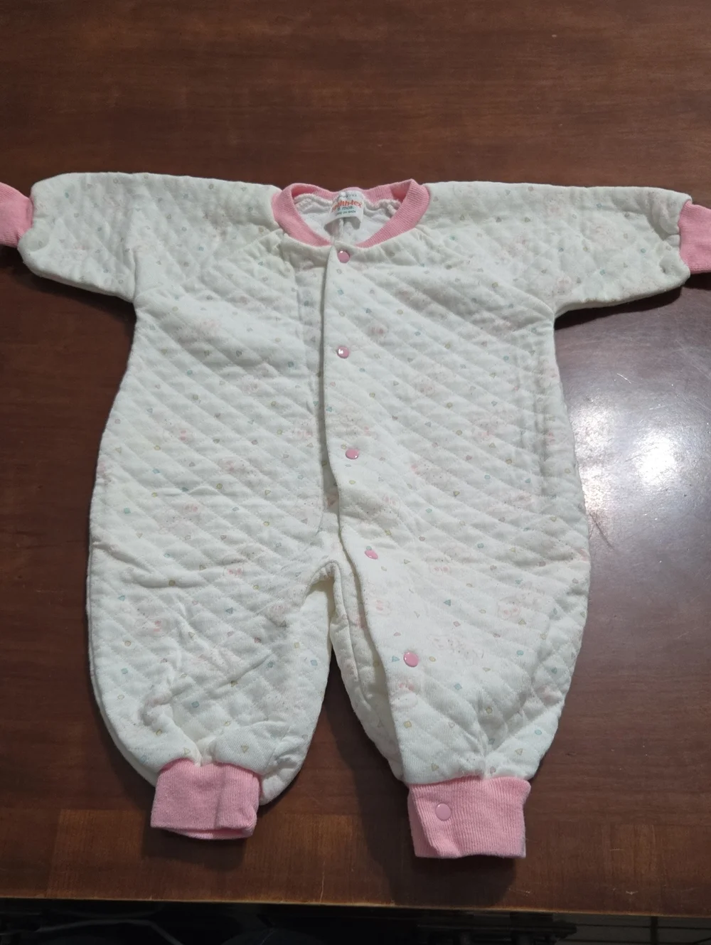 Vintage healthtex White Quilted Footie with Pink Trim 6m